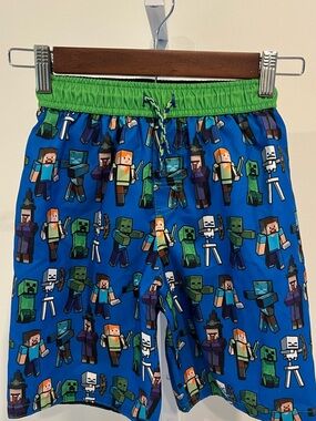 Minecraft Character Print Green and Blue Swim Trunks Shorts Boys Sz Small